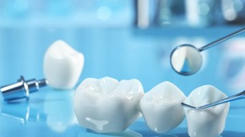 Dental implants and bridges against a blurred background