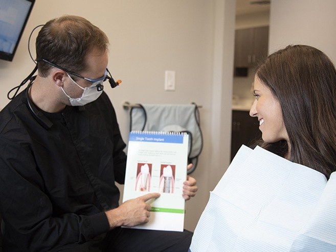 Dentist and patient looking and dental implant tooth replacement information